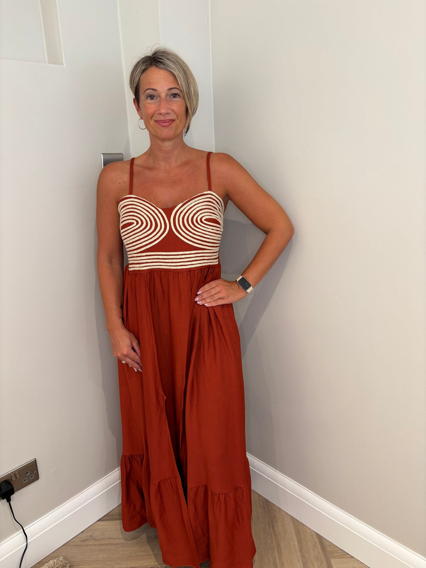Embroidered Detail Strappy Maxi Dress in Burnt Orange