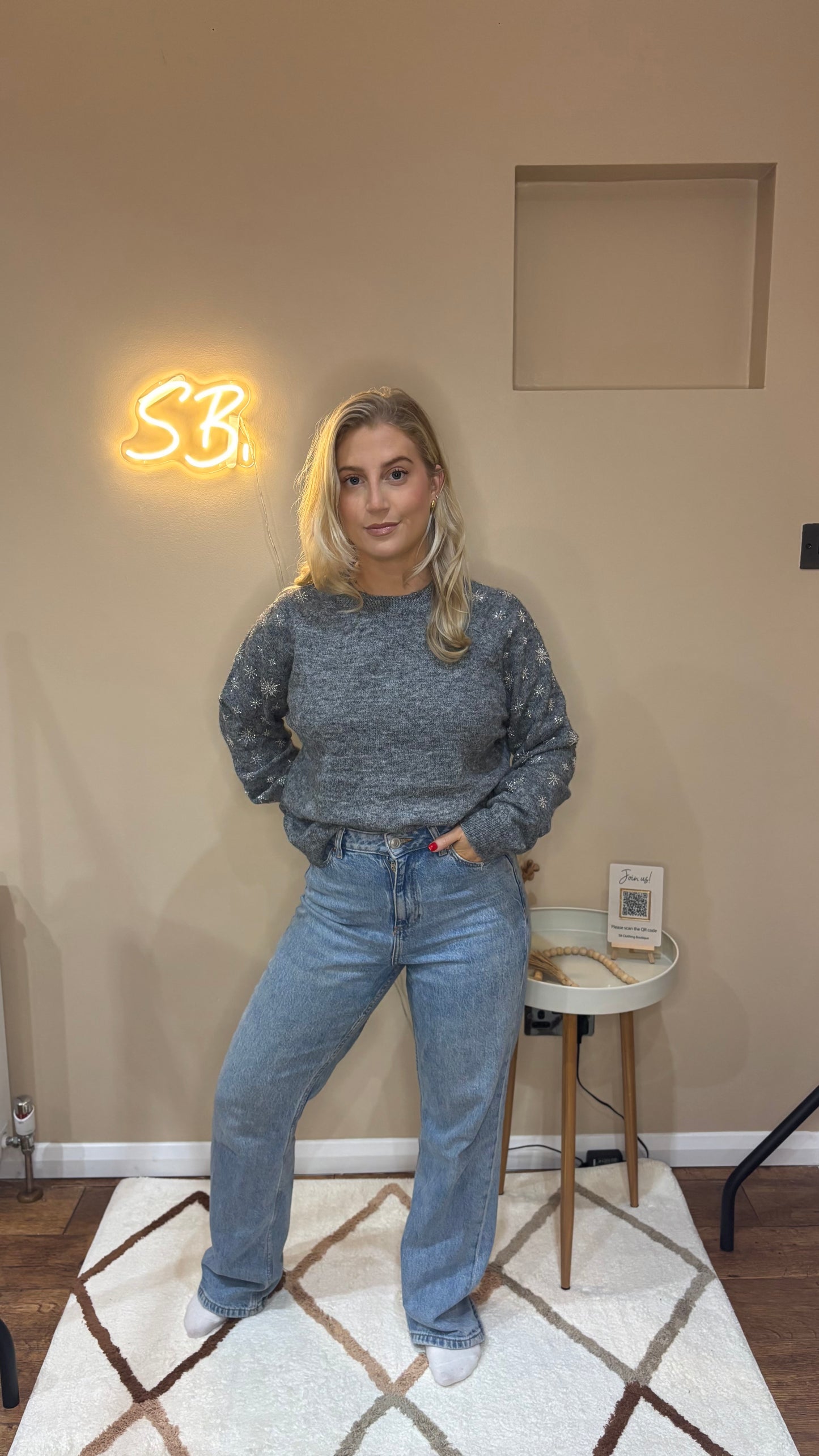 Snowflake Sleeve Jumper in Grey