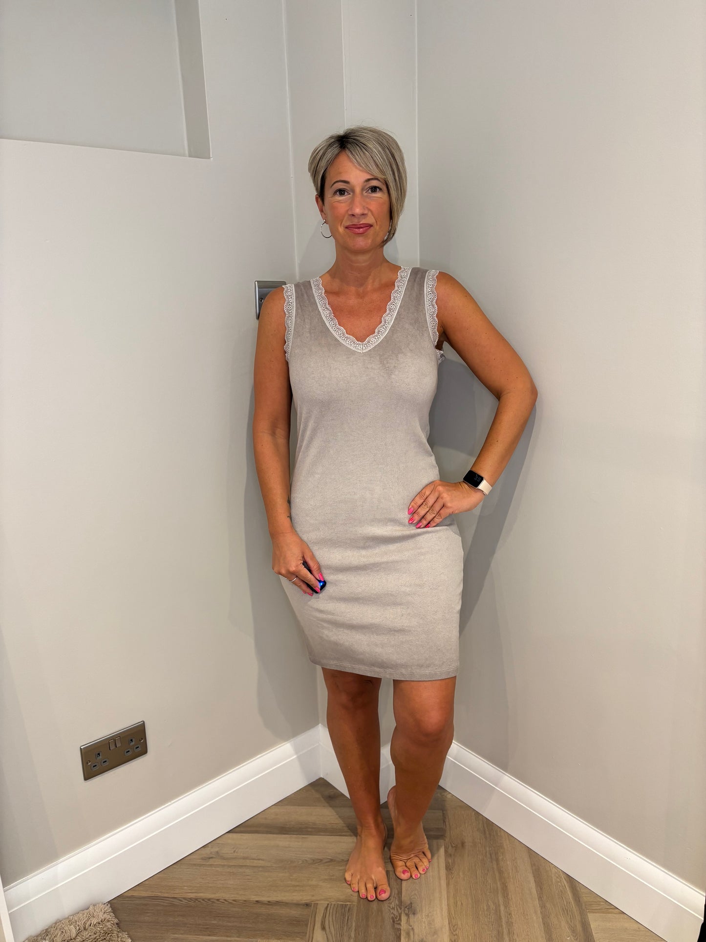Lace Detail Ribbed Cami Dress in Mocha