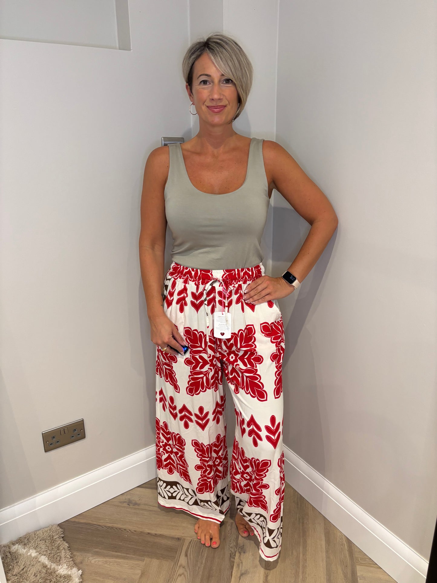 Wide Leg Print Trousers in Red