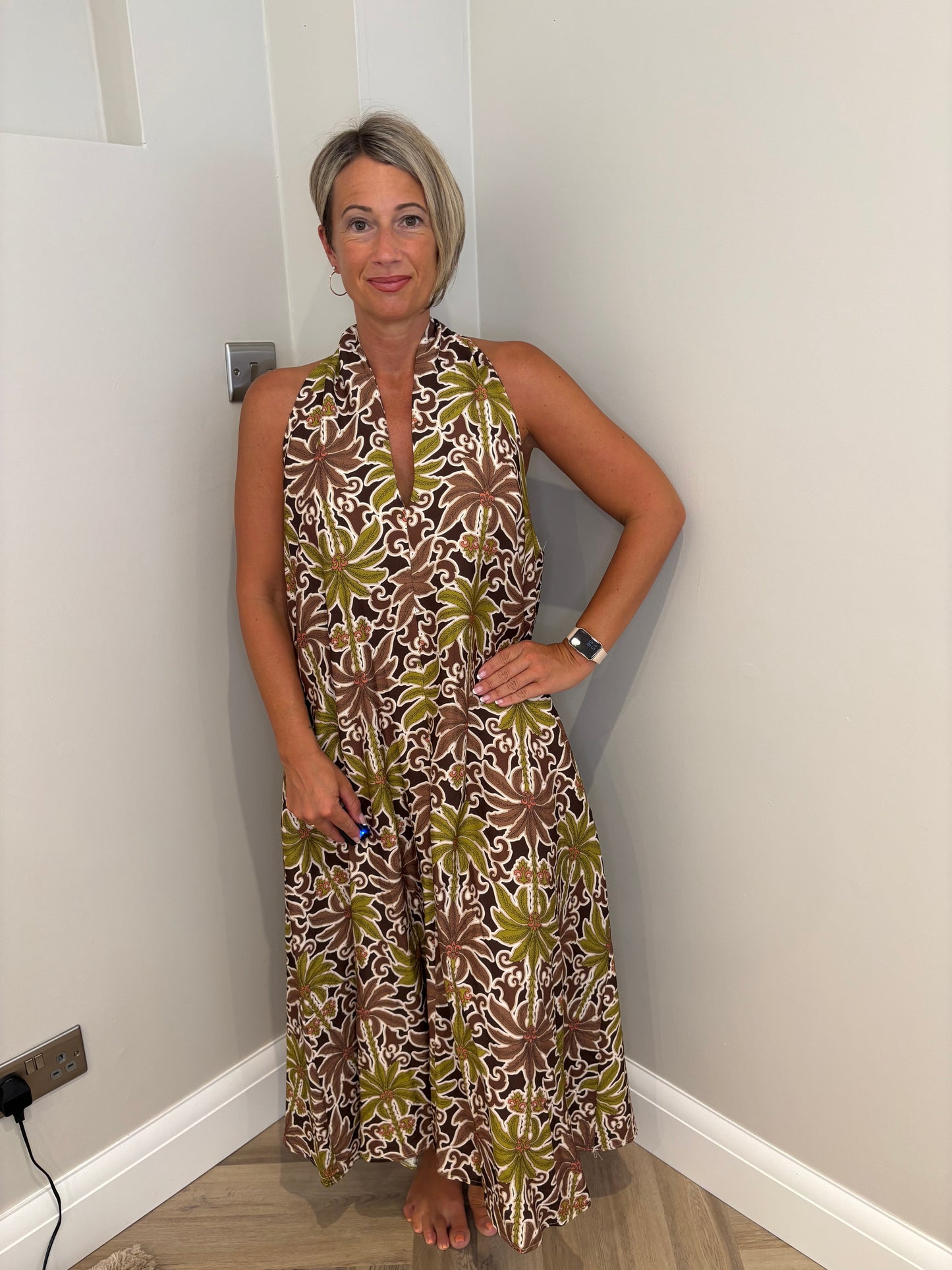 Halterneck Twist Print Maxi Dress in Brown