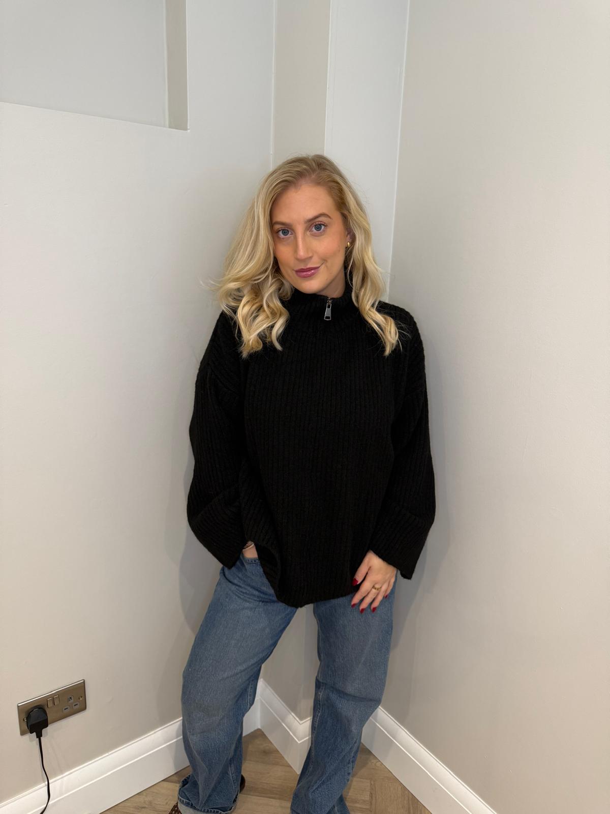 Zip Knit Jumper in Black