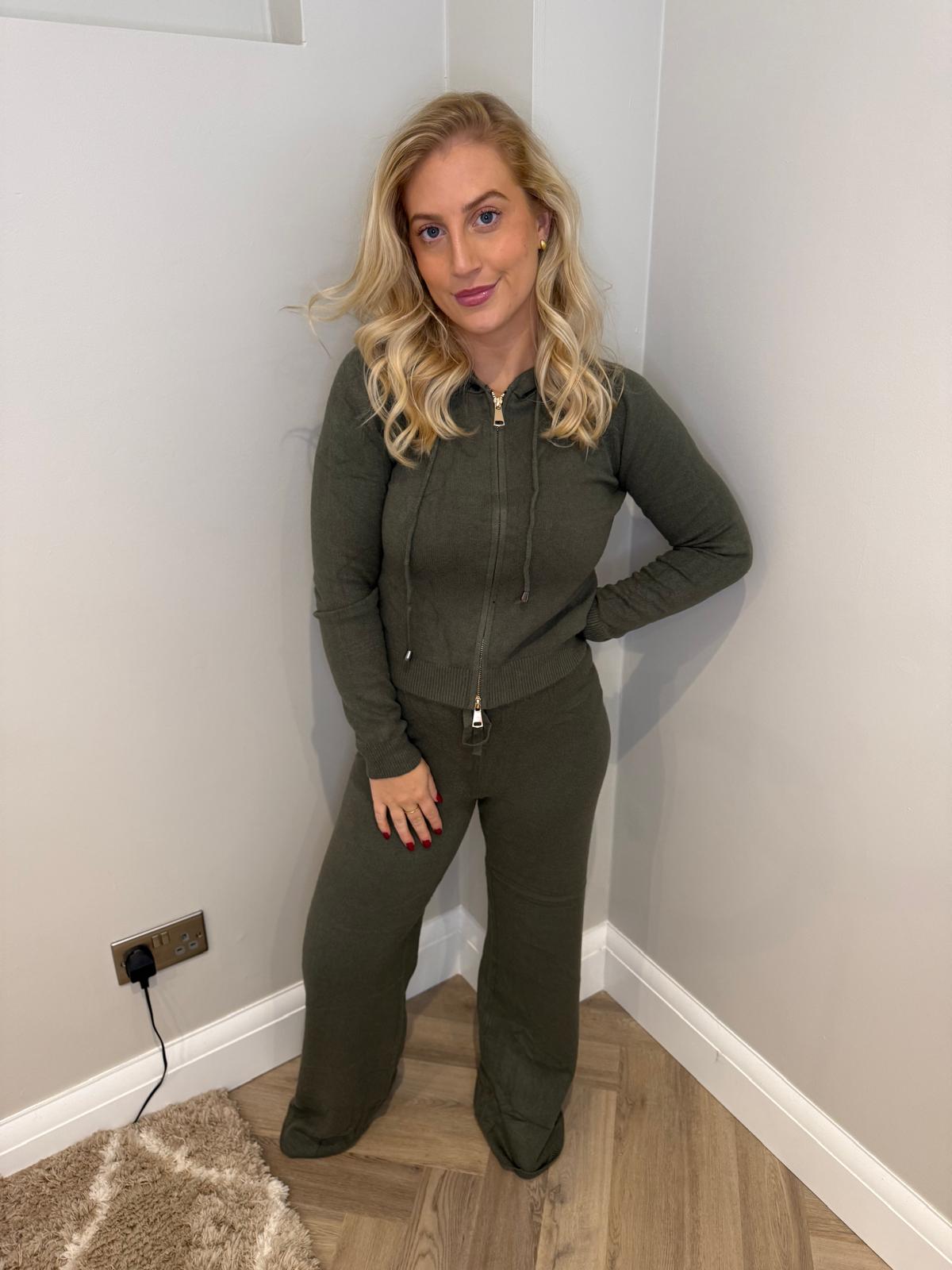 Zip Hoodie Wide Leg Loungeset in Khaki