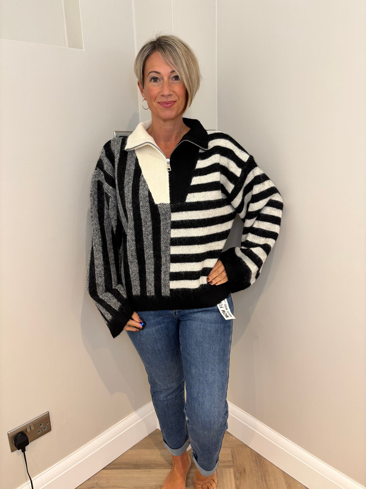 Contrast Stripe Zip Jumper in Black