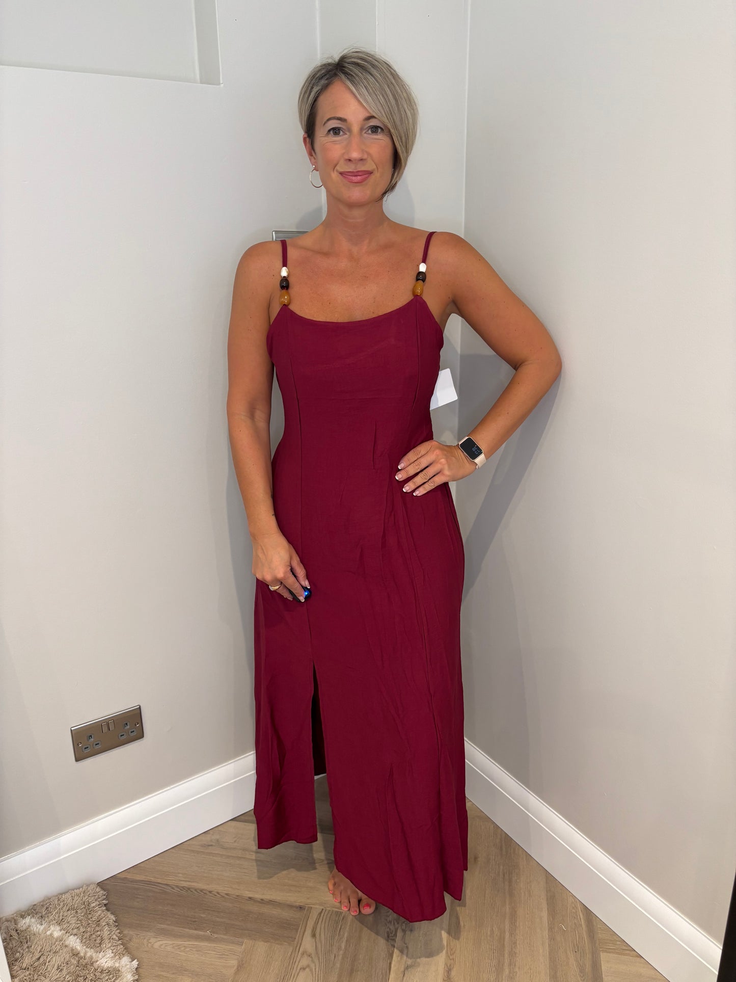Bead Strap Slit Dress in Wine