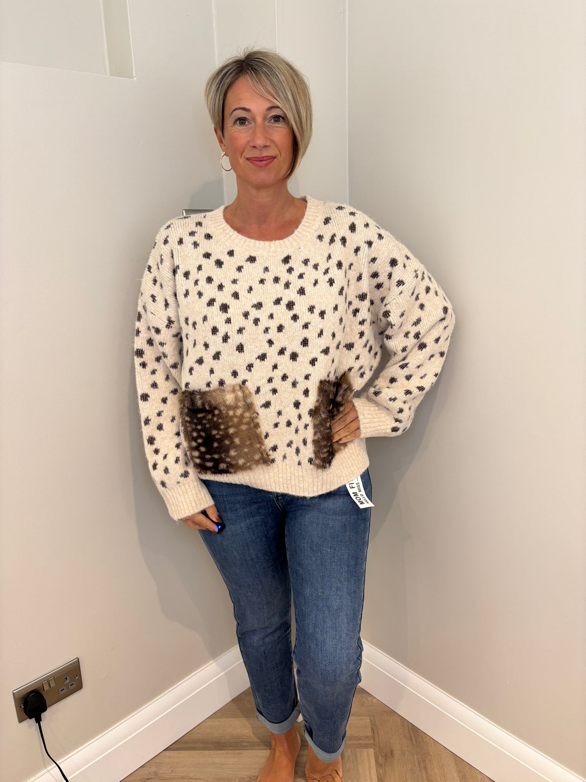 Bambi Print Fur Pocket Jumper in Beige