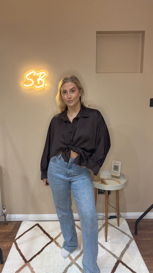 Satin Button Shirt in Brown