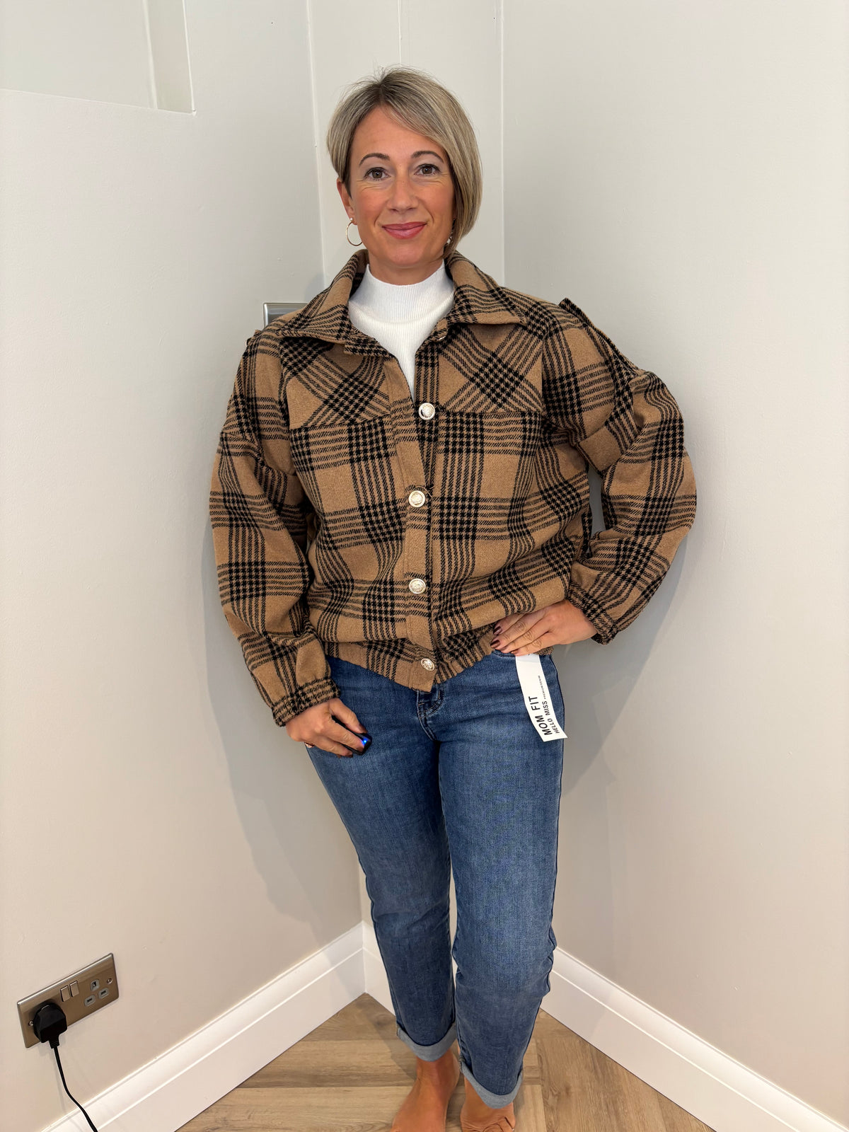 Button Up Chequered Bomber Jacket in Camel