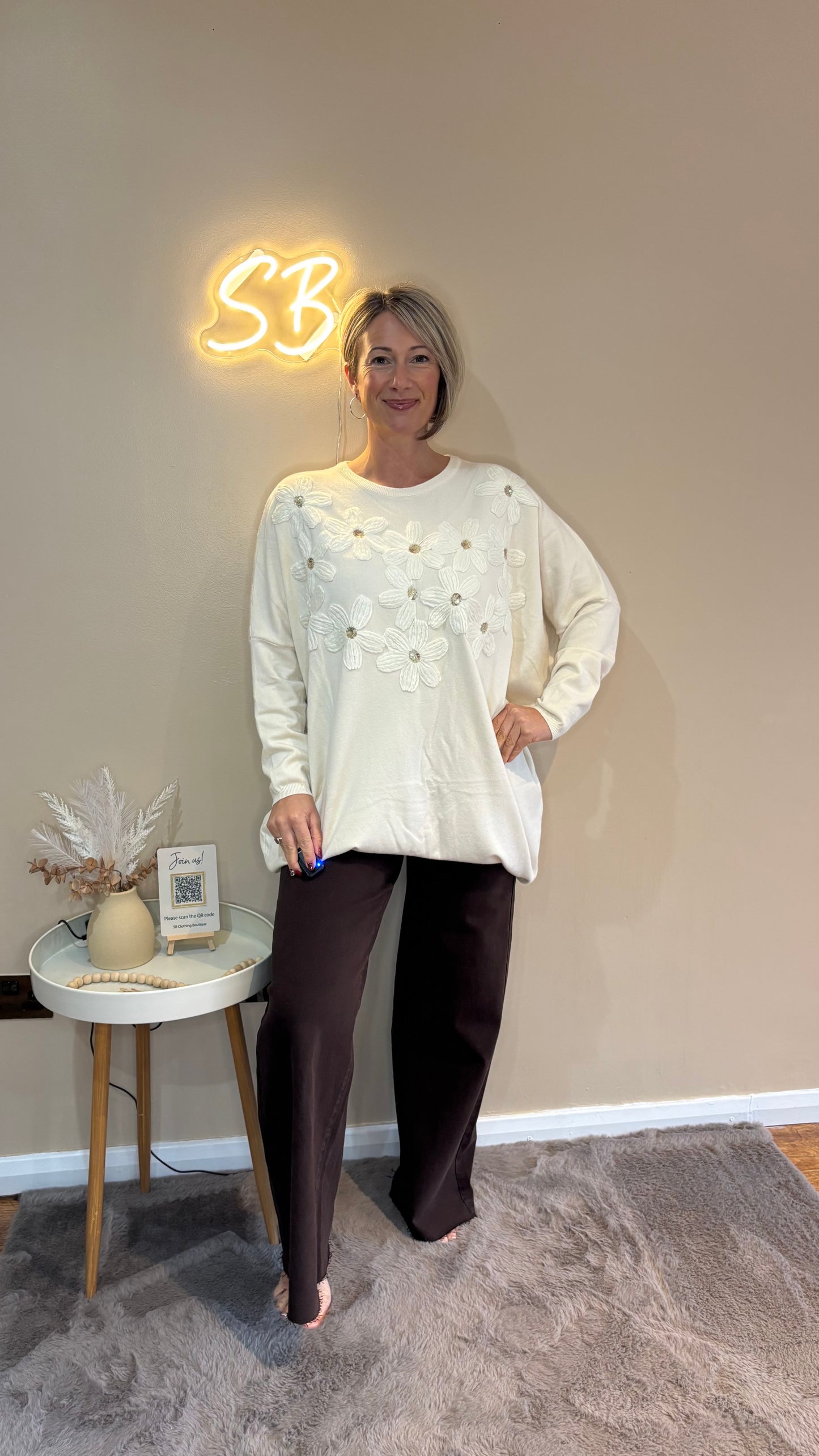 Flower Detail Longline Jumper in Cream