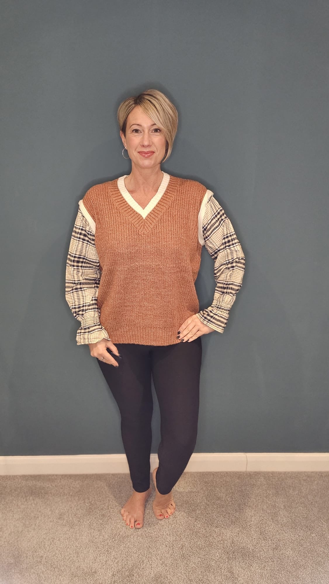 Chequered Shirt and Knit Waistcoat Top in Burnt Orange