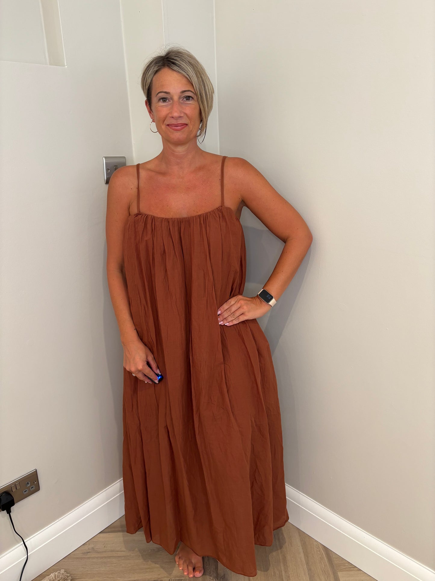 Linen Strappy Maxi Dress in Burnt Orange
