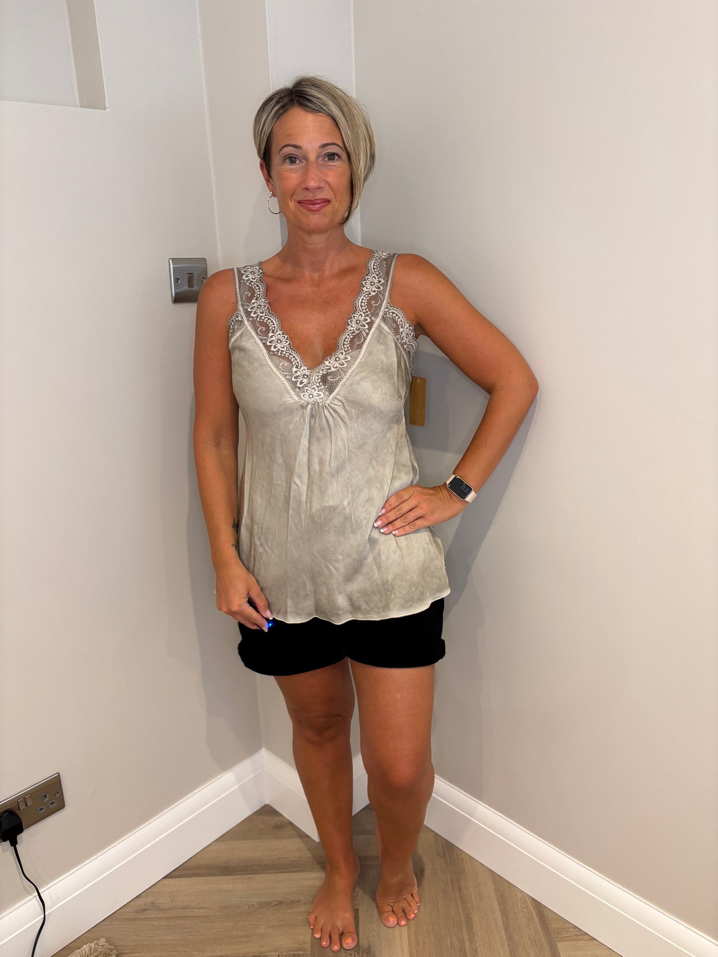 Satin Cami with Lace in Mocha