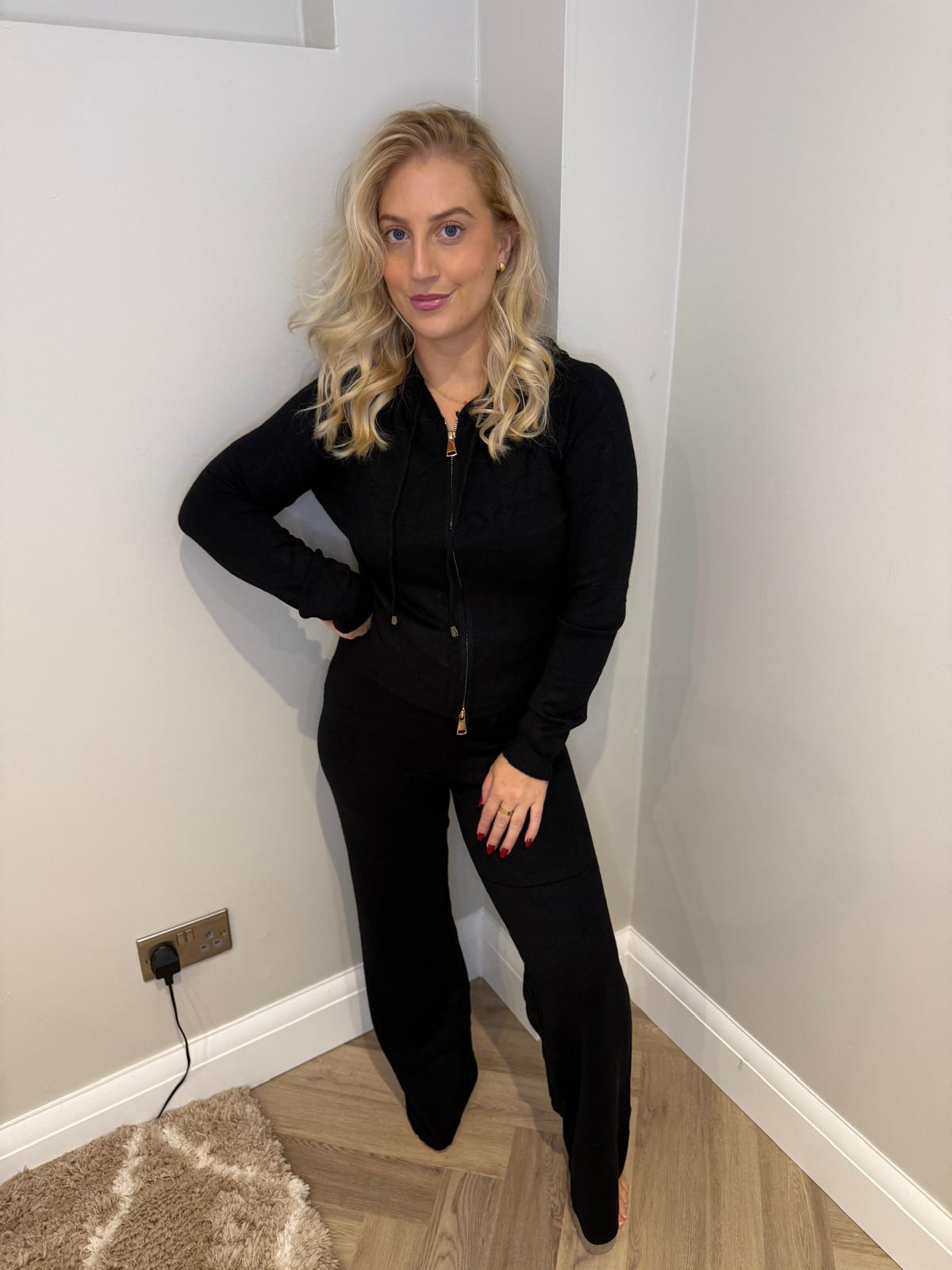 Zip Hoodie Wide Leg Loungeset in Black