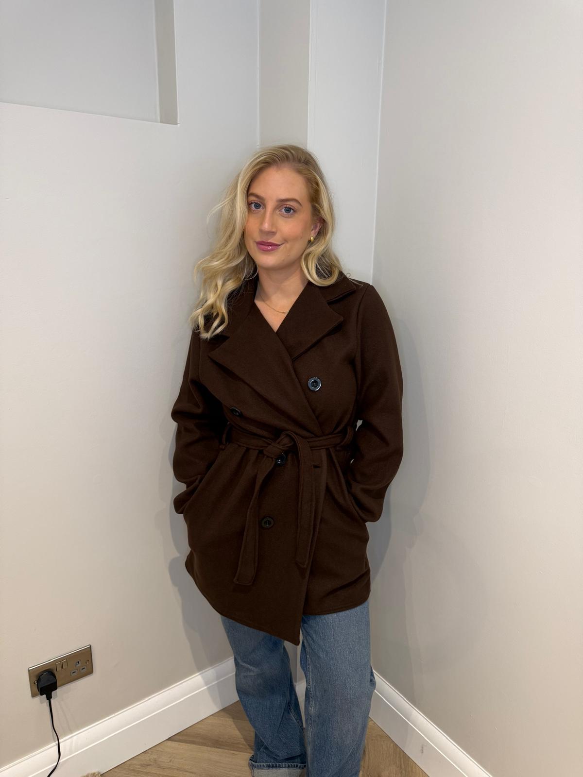 Knee Length Button Up Coat in Brown