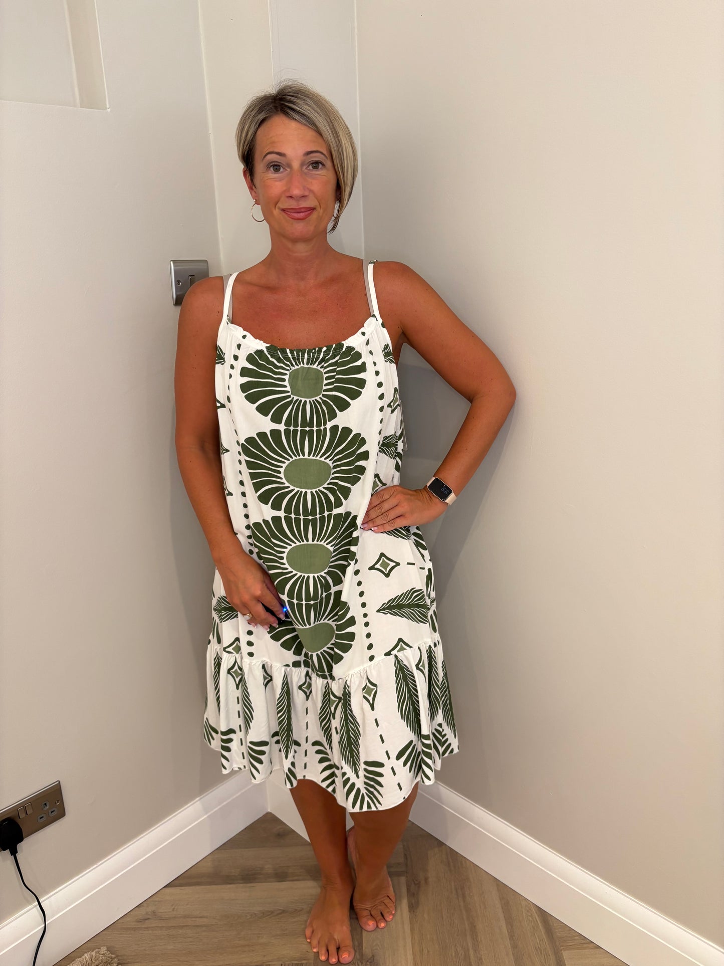Printed Strappy Midi Dress in Khaki