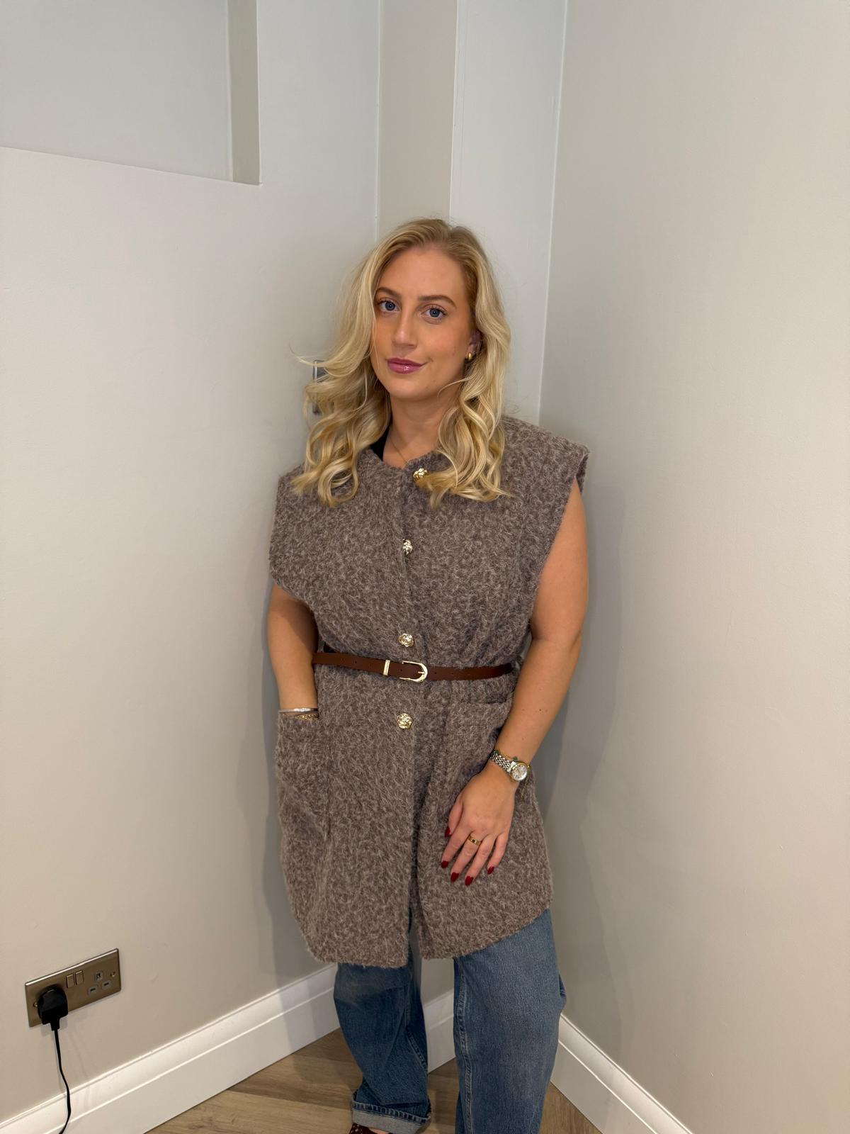 Longline Belted Gilet in Mocha