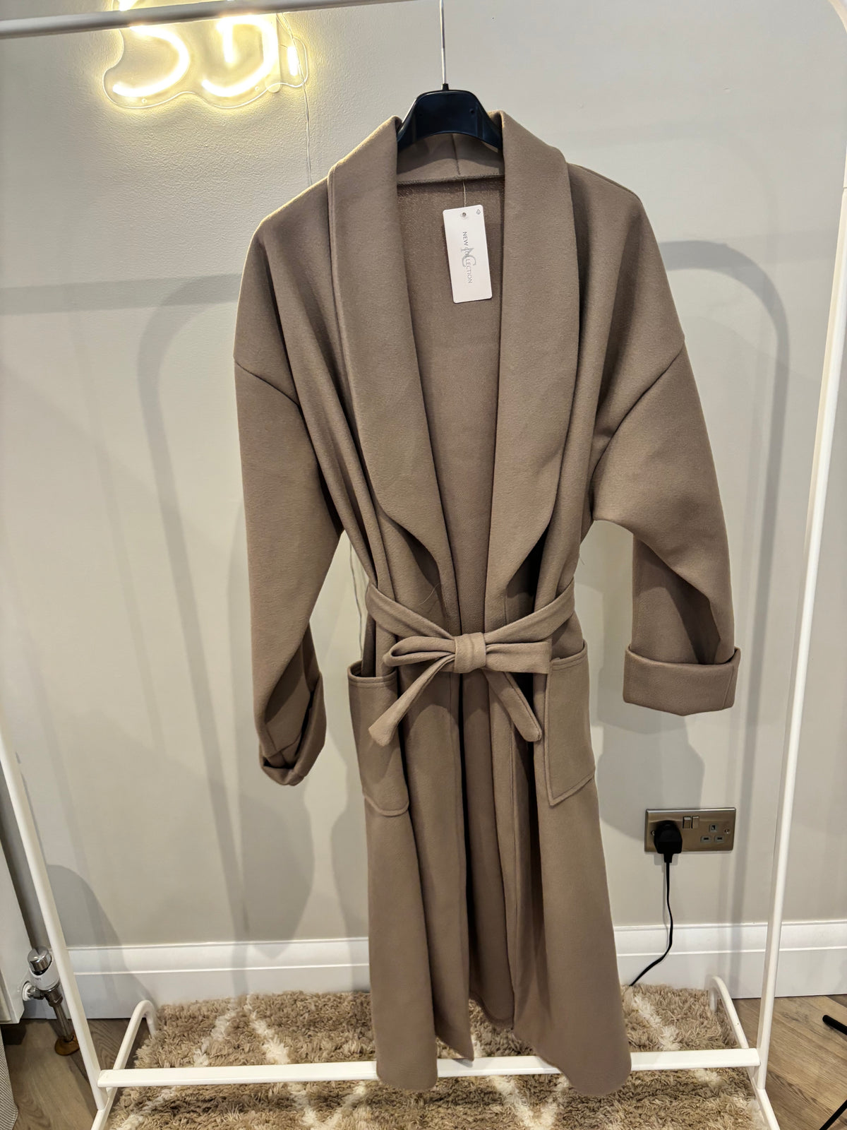 Longline Tie Waist Coat in Mocha
