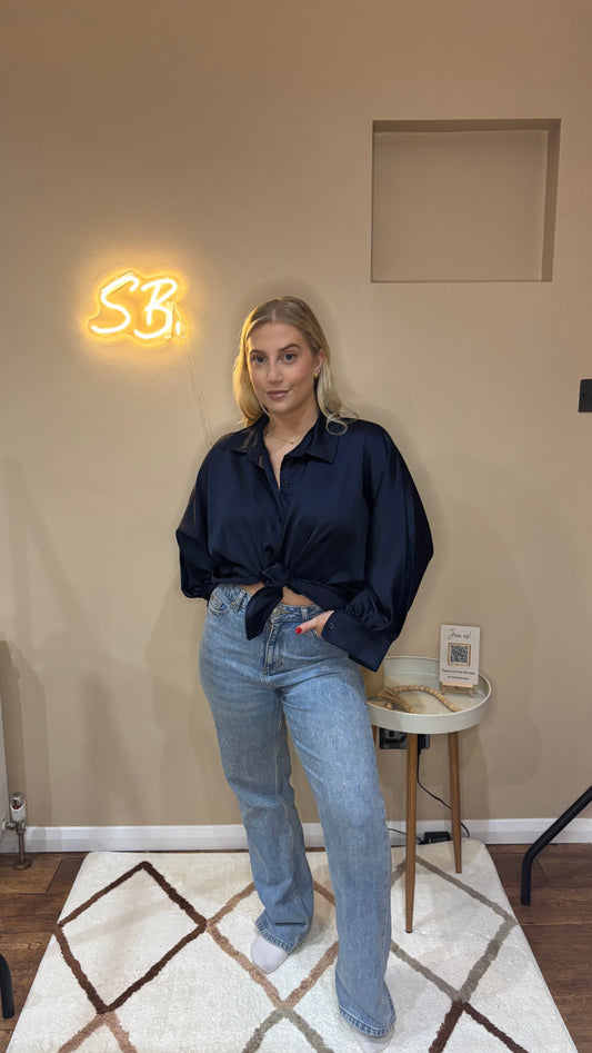 Satin Button Shirt in Navy