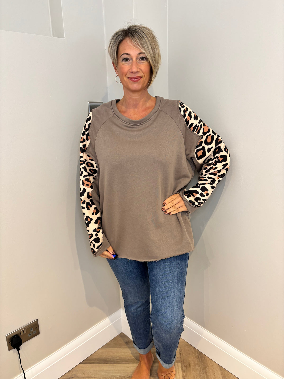 Leopard Stripe Jersey Jumper in Mocha