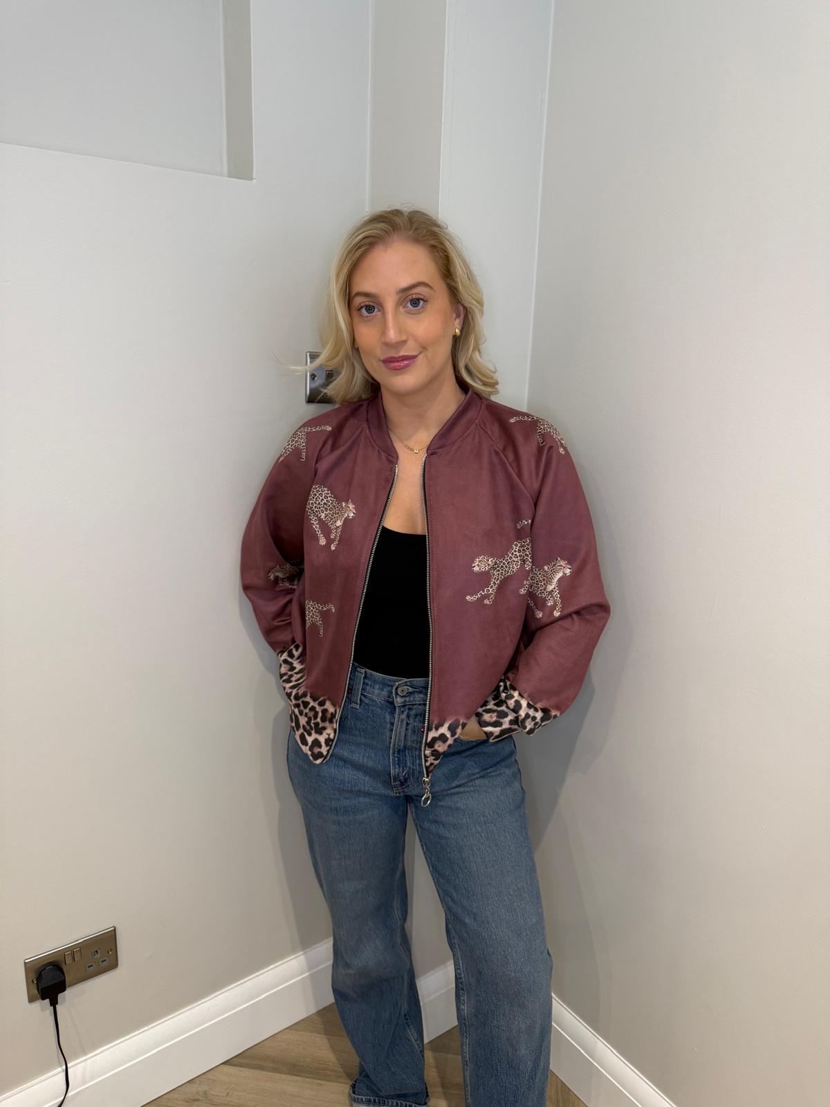 Leopard Suede Zip Jacket in Wine