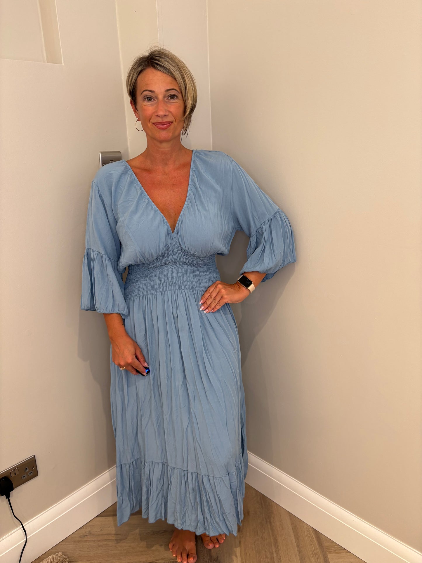 Cotton Sleeved Maxi Dress in Blue