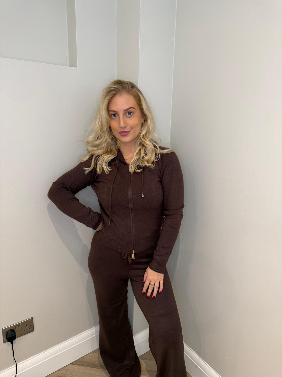 Zip Hoodie Wide Leg Loungeset in Brown