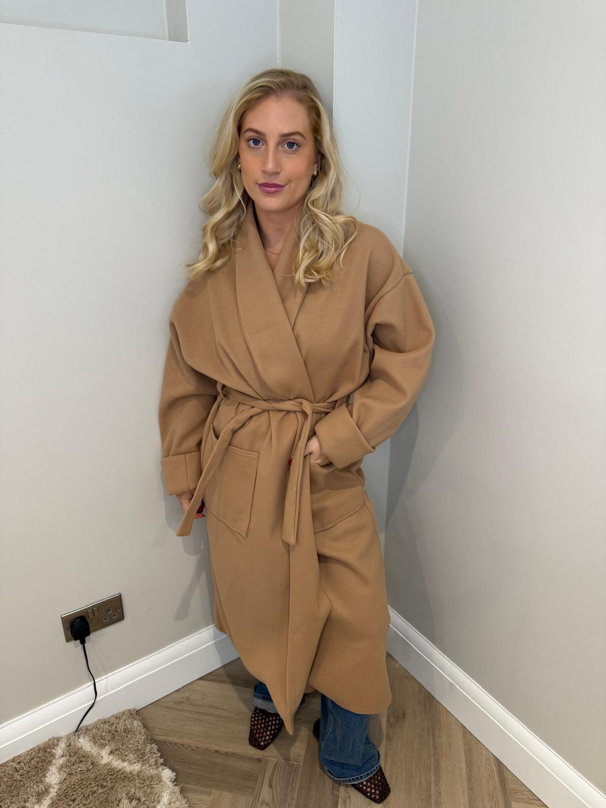 Longline Tie Waist Coat in Camel