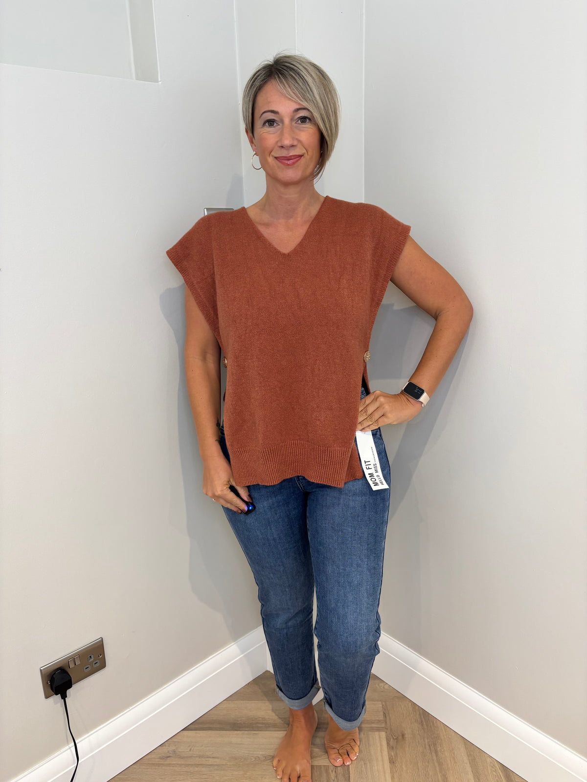 Button Detail Sleeveless Jumper in Rust