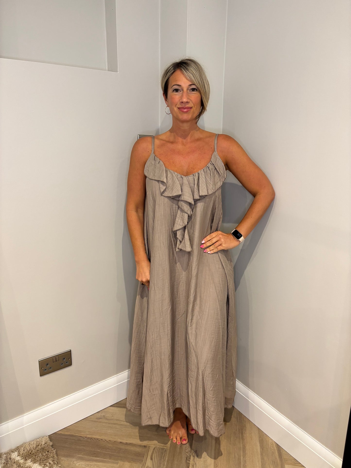 Ruffle Detail Strappy Maxi Dress in Mocha