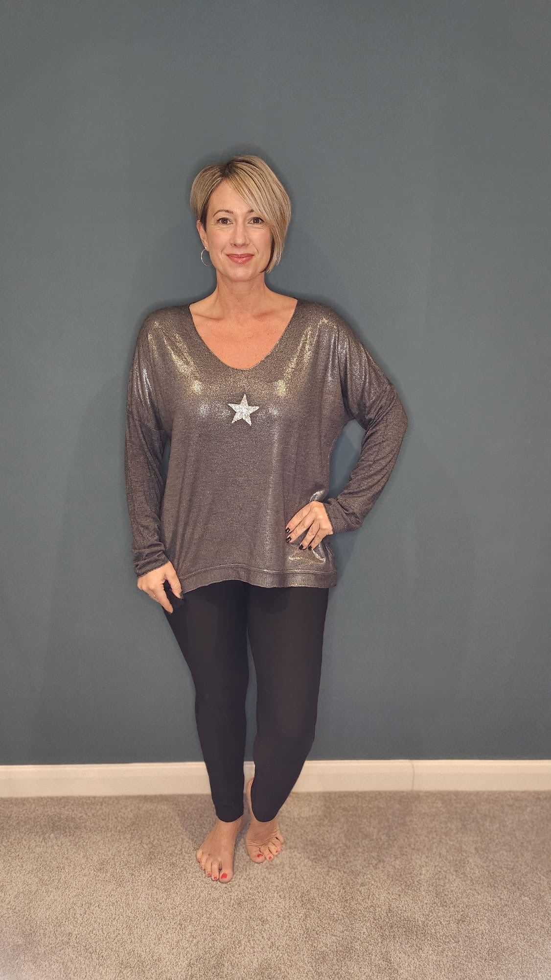 Detail Long Sleeve Jersey Top in Charcoal