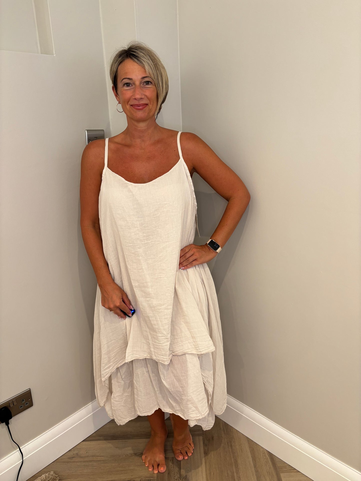 Cotton Layered Strappy Dress in Beige
