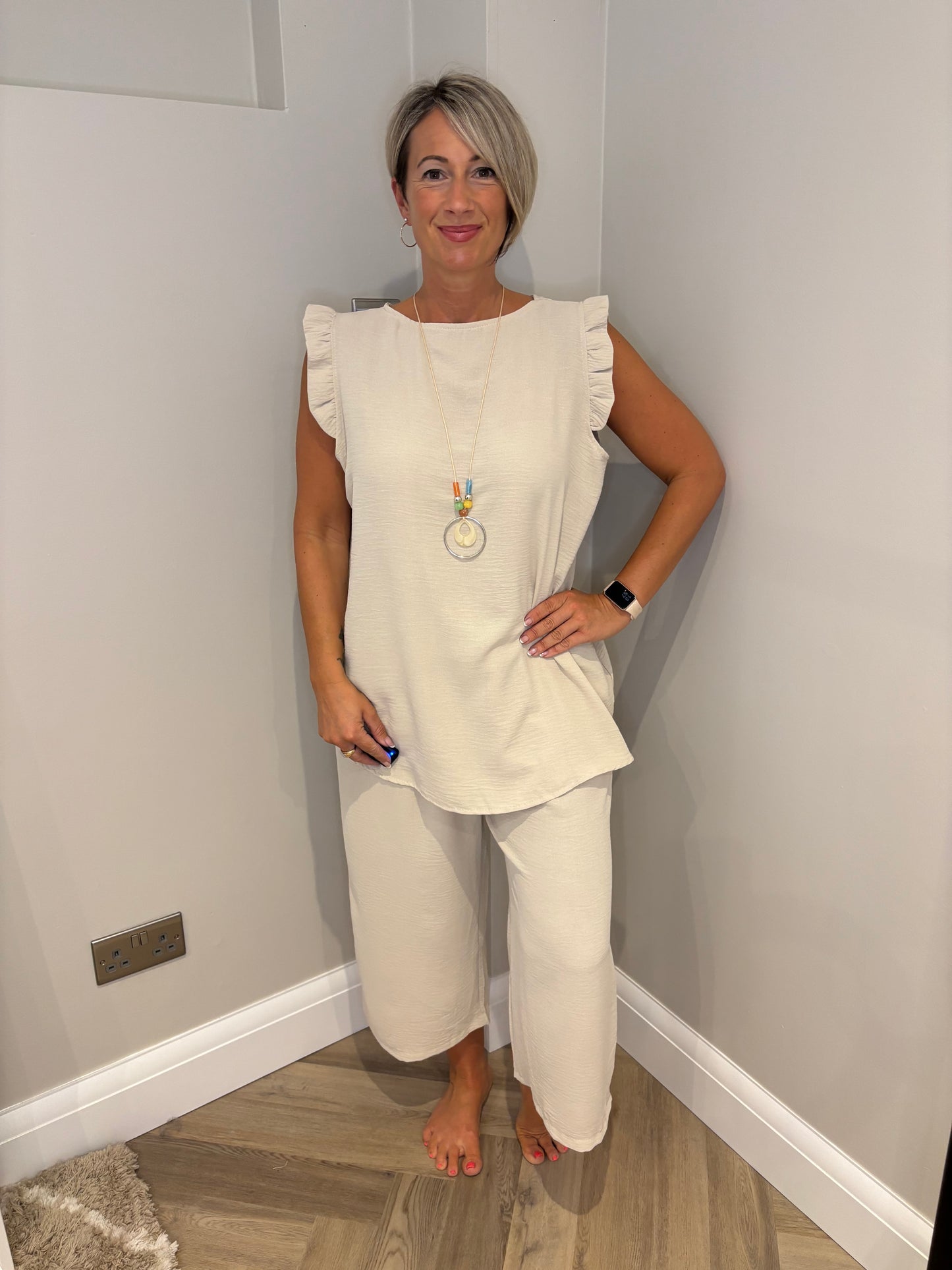 Frill Sleeveless Trouser Set in Beige
