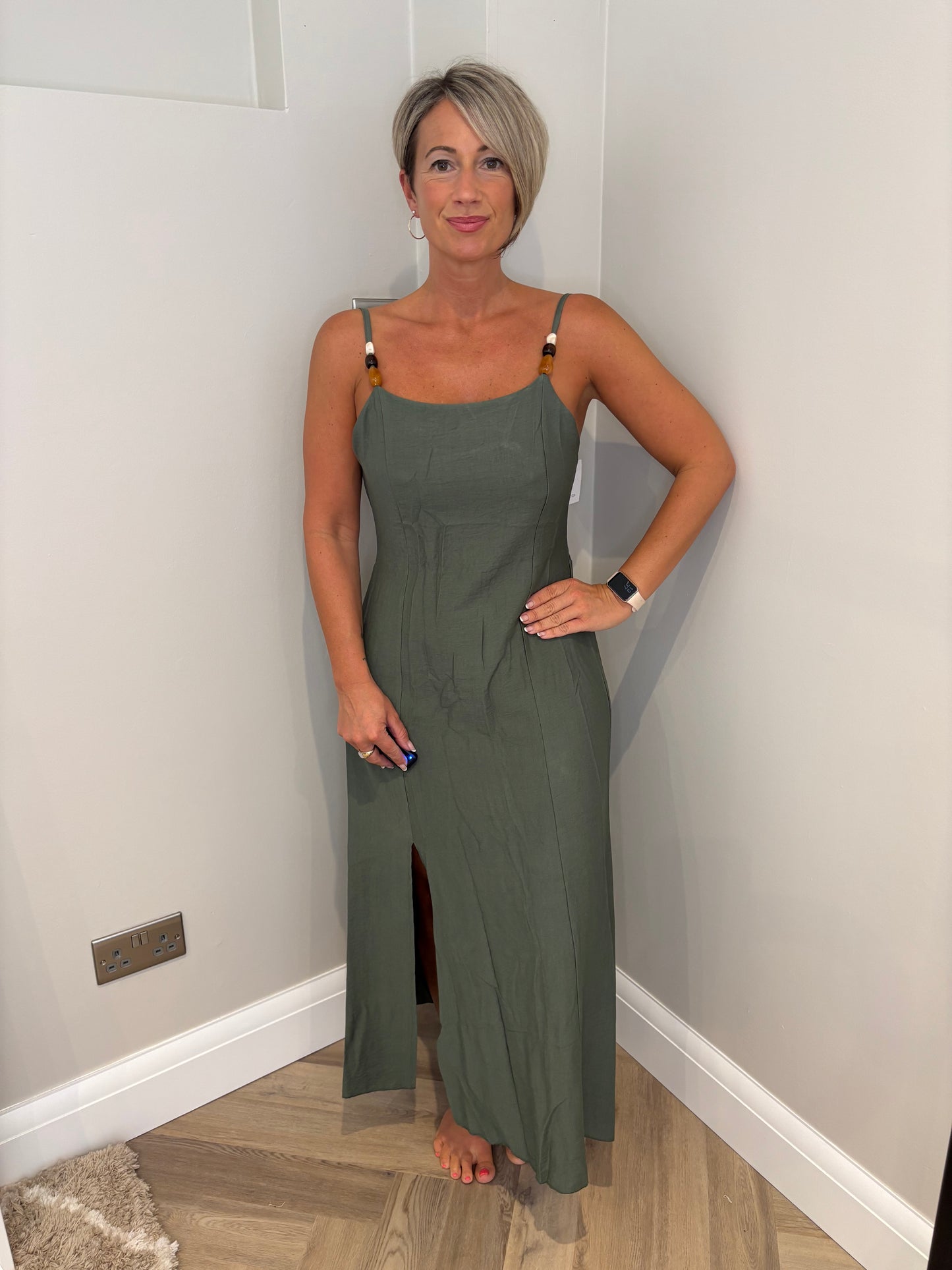 Bead Strap Slit Dress in Khaki