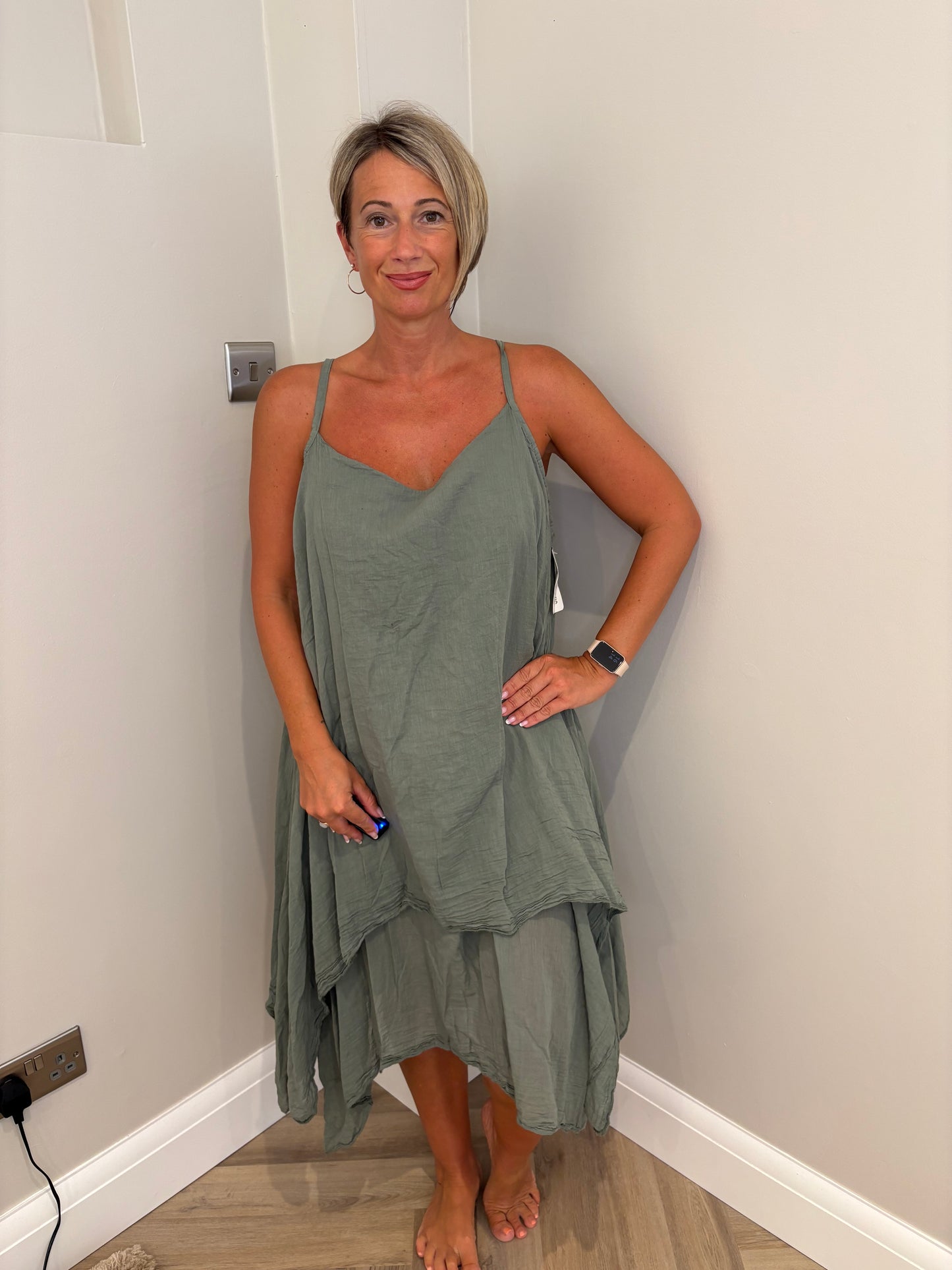 Cotton Layered Strappy Dress in Khaki