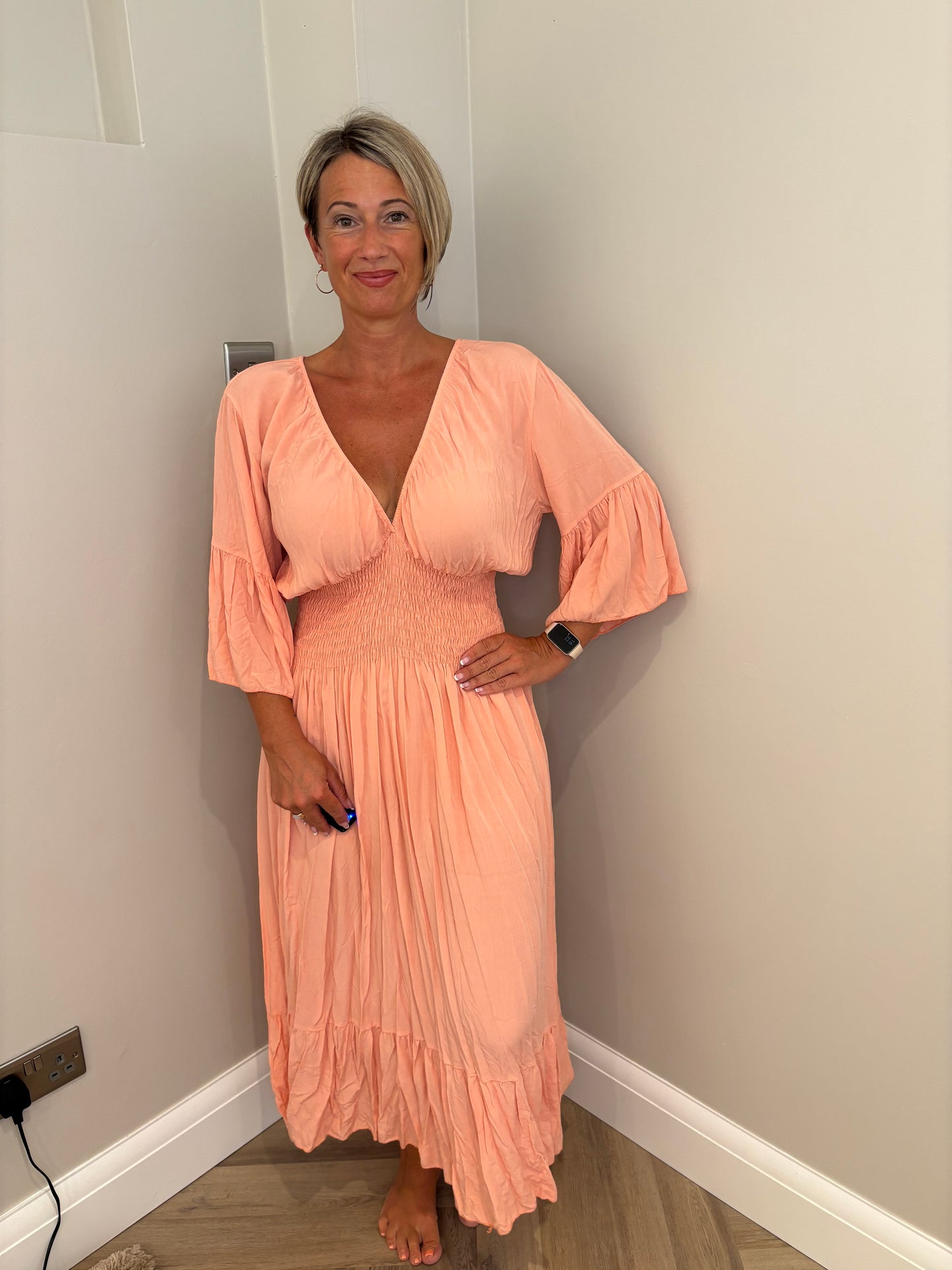 Cotton Sleeved Maxi Dress in Peach