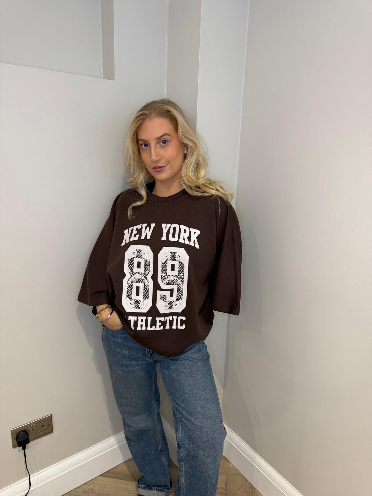 Soft Jersey Cropped Sleeve Jumper in Brown
