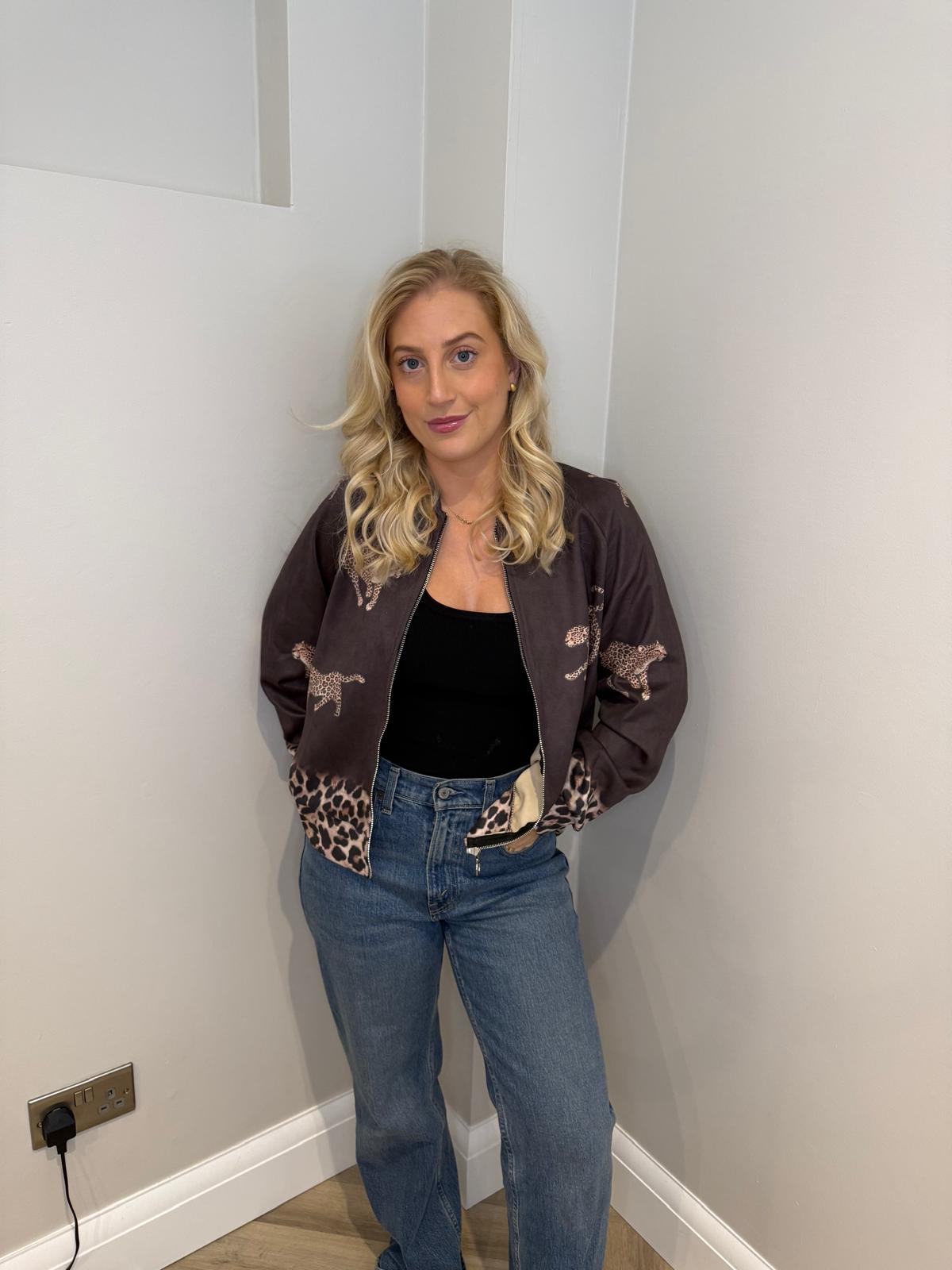 Leopard Suede Zip Jacket in Brown