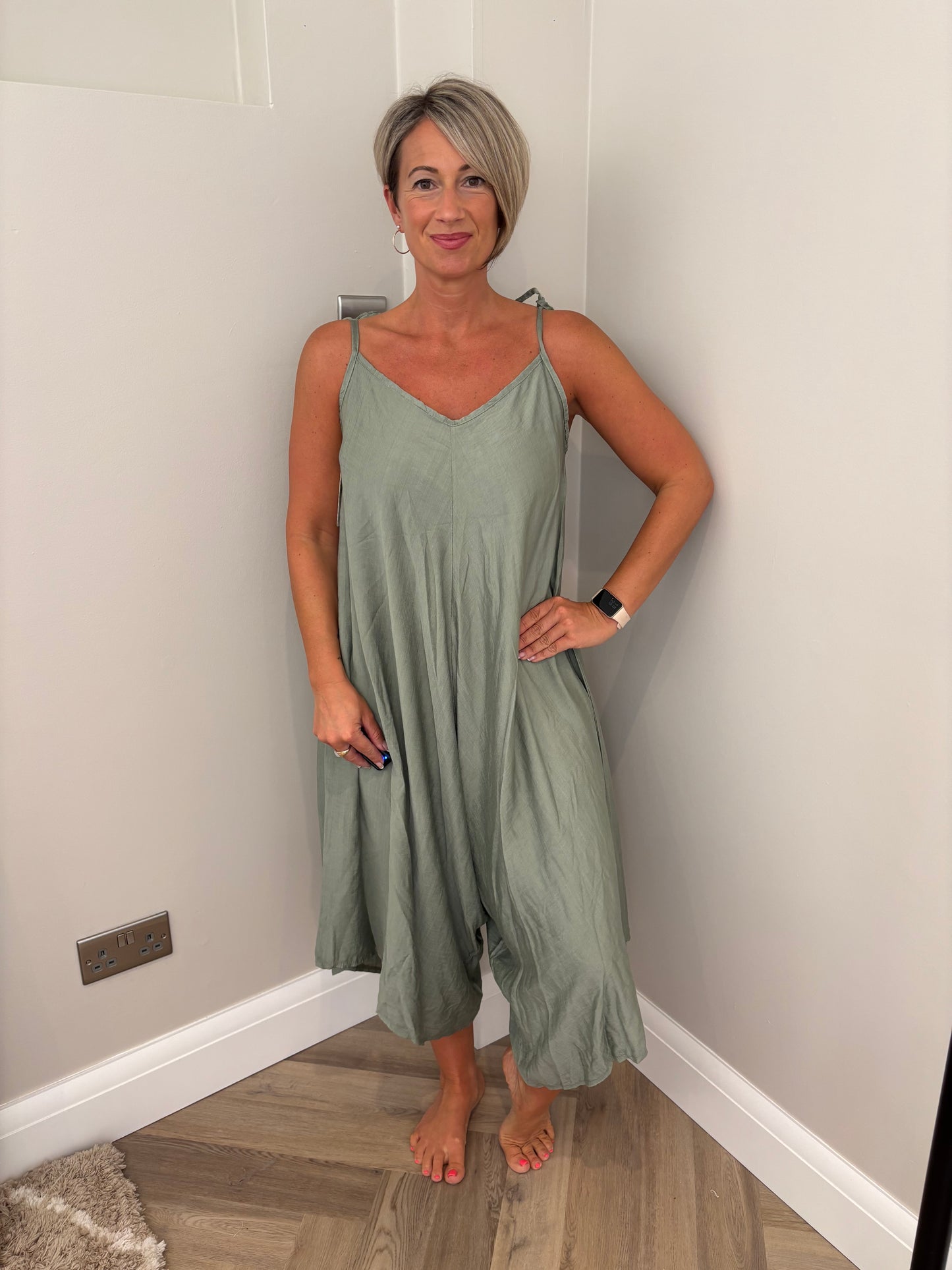 Tie Shoulder Jumpsuit in Khaki