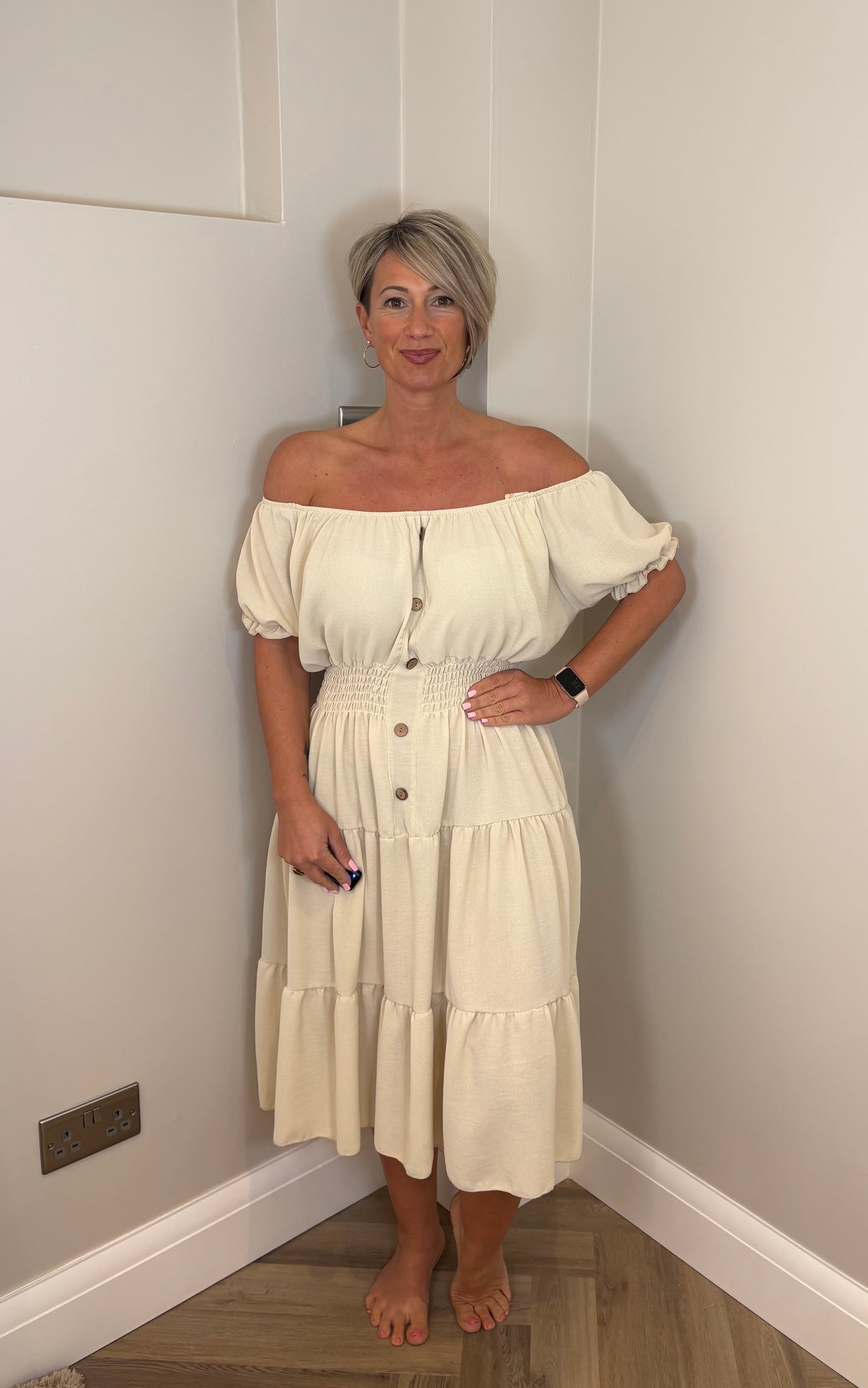 Bardot Button Dress in Beige