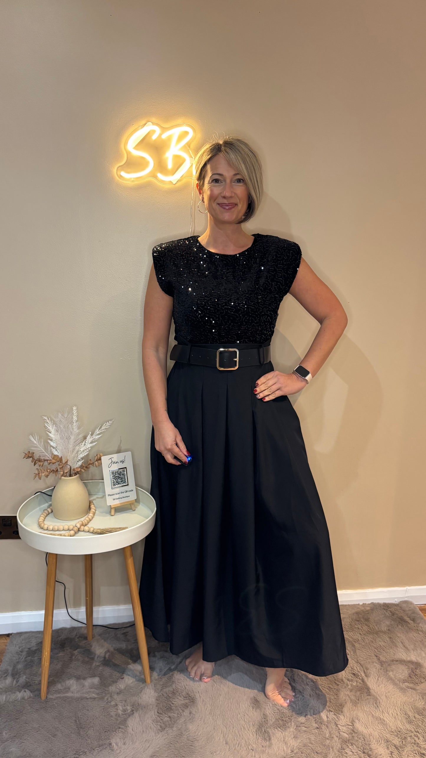 Belted Sequin Dress in Black