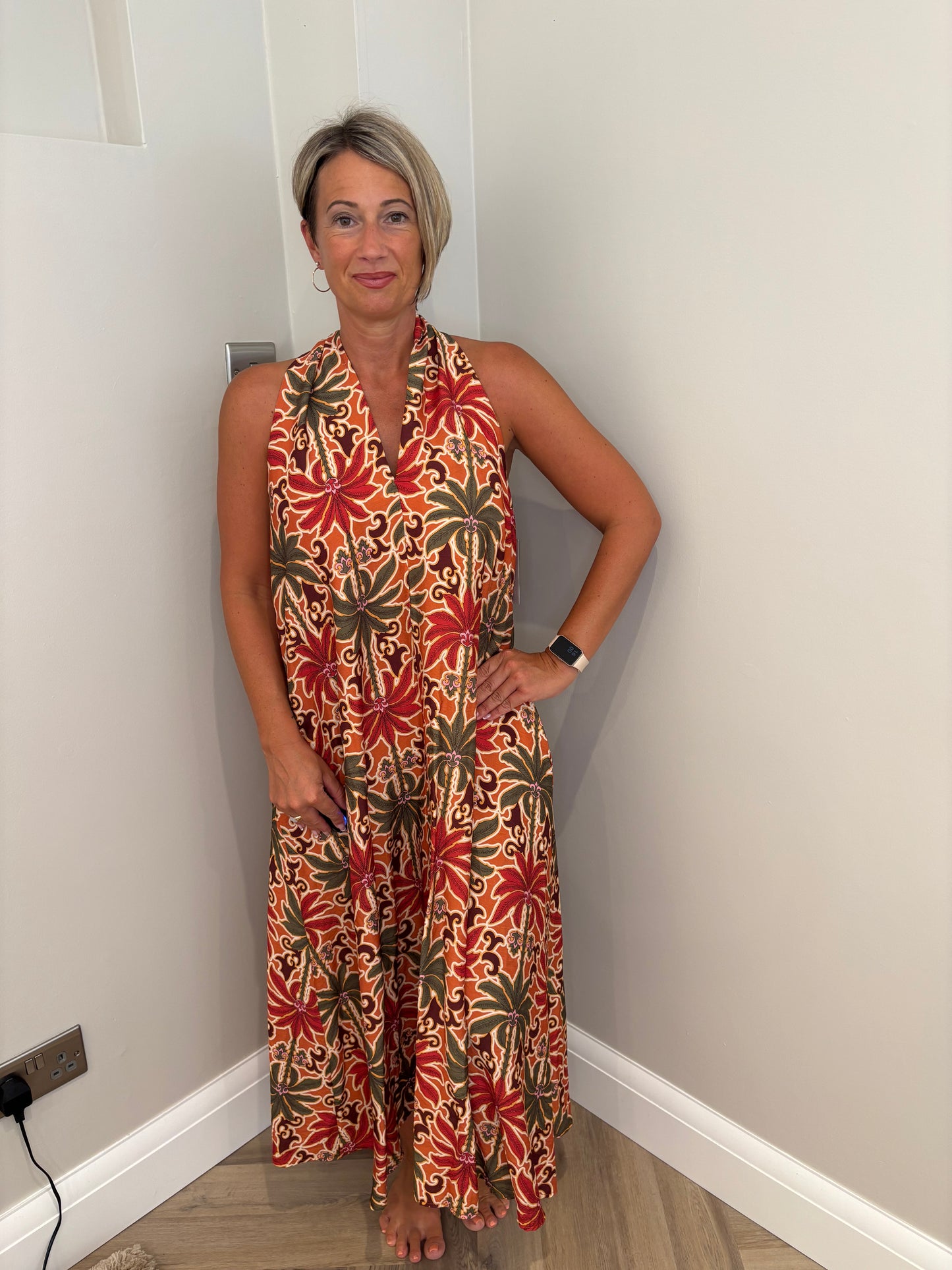 Halterneck Twist Print Maxi Dress in Orange