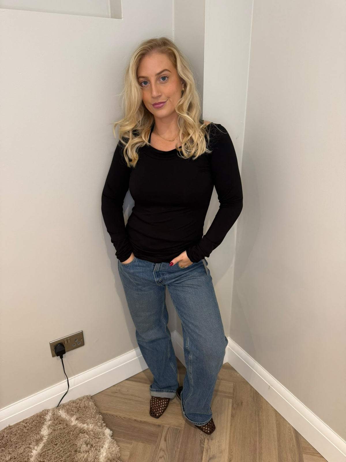 Bardot Style Basic Long Sleeve Top in Black