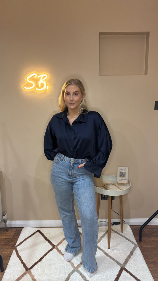Satin Button Shirt in Navy