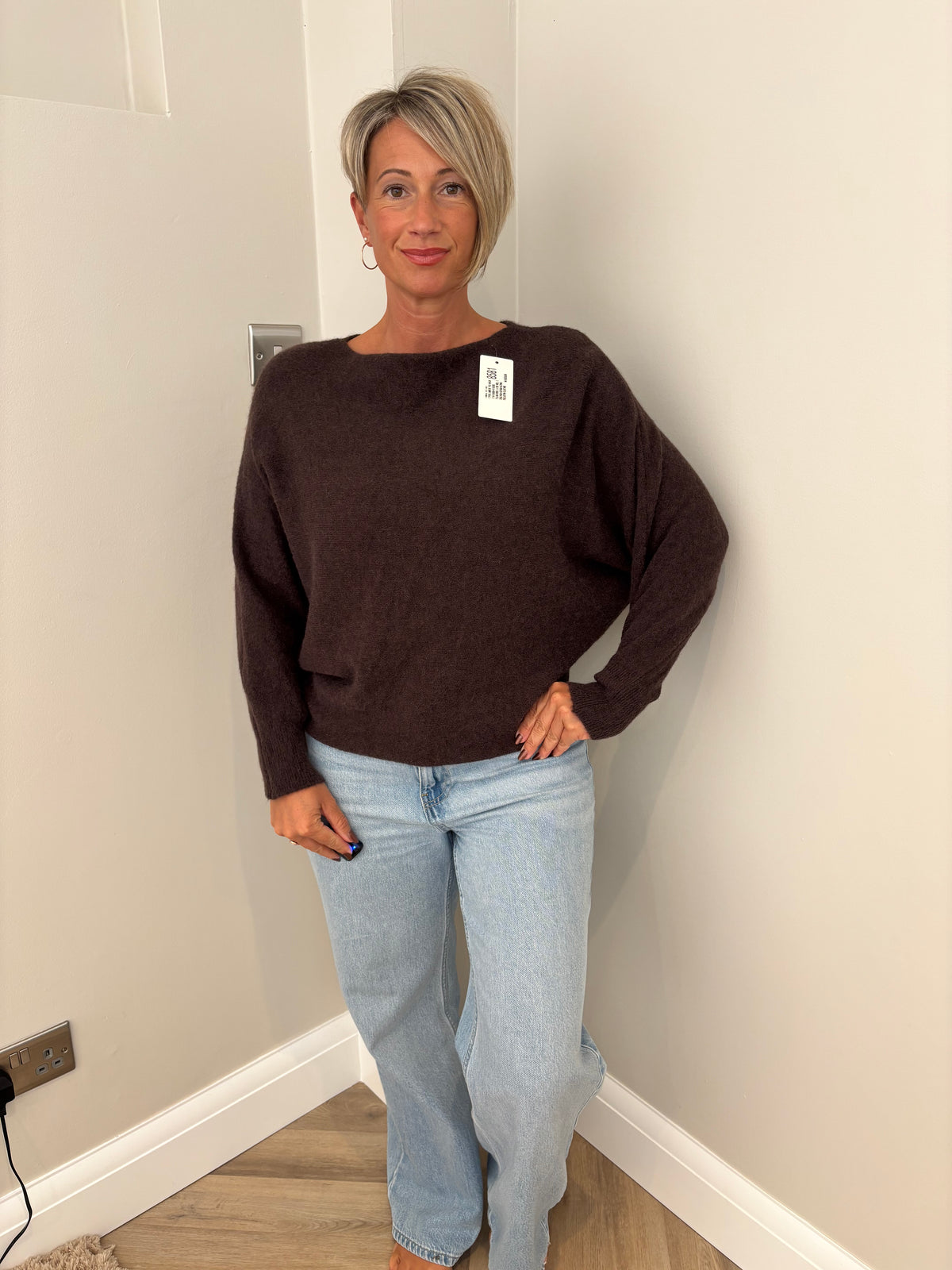 Button Detail Soft Knit Jumper in Brown