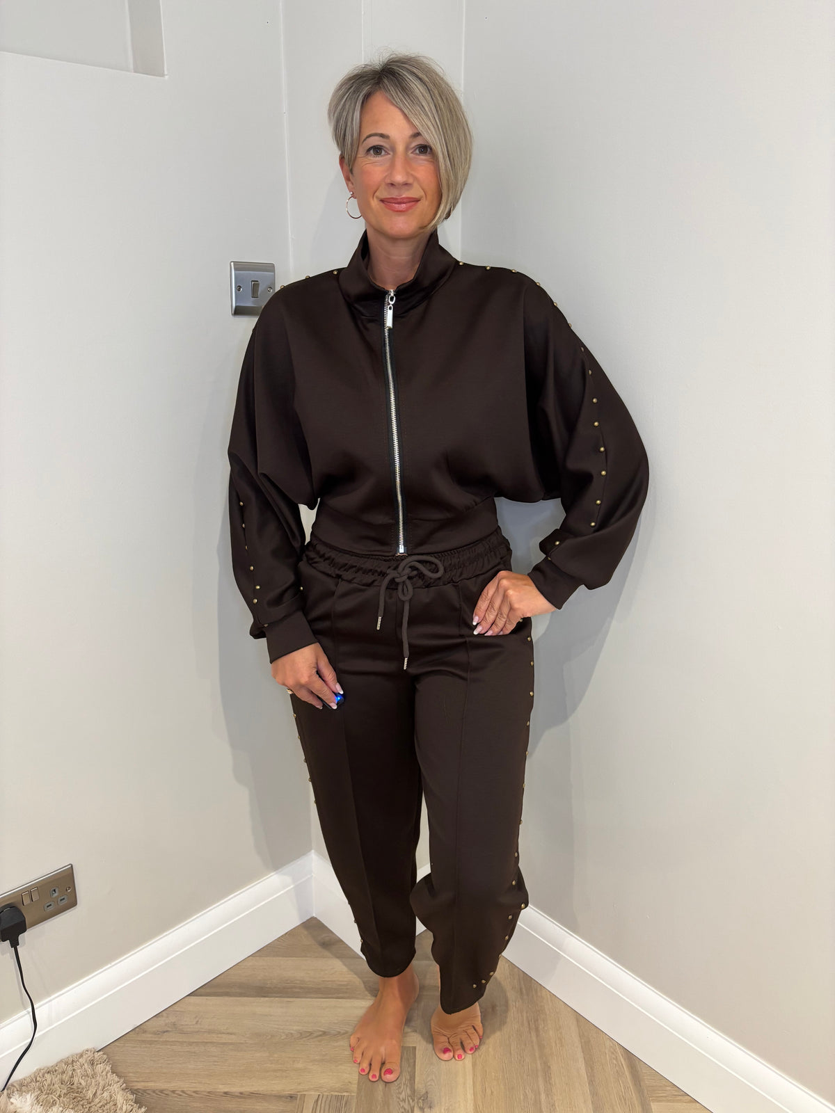 Studded Detail Balloon Trouser Loungeset in Brown