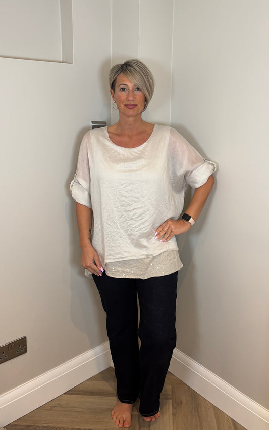 Lined Glitter Detail Shirt in Beige