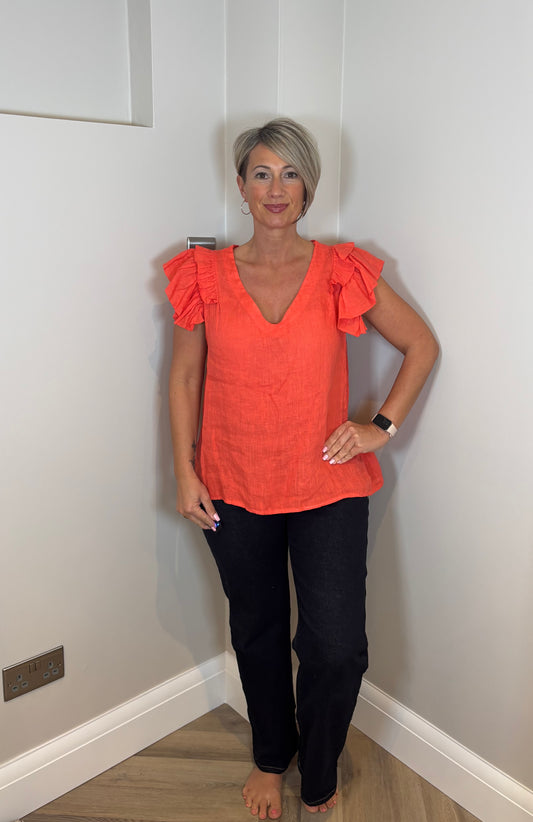 Linen Ruffle Shoulder Top in Coral