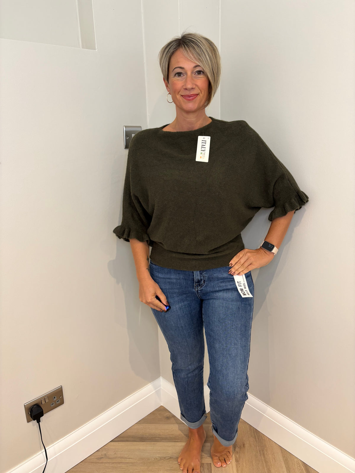 Frill Sleeve Knit Jumper in Khaki