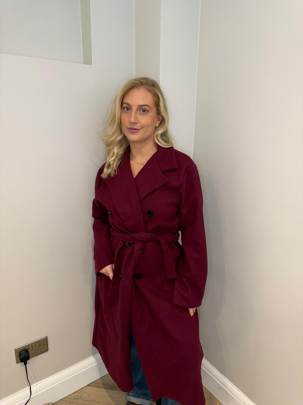 Longline Button Up Coat in Wine