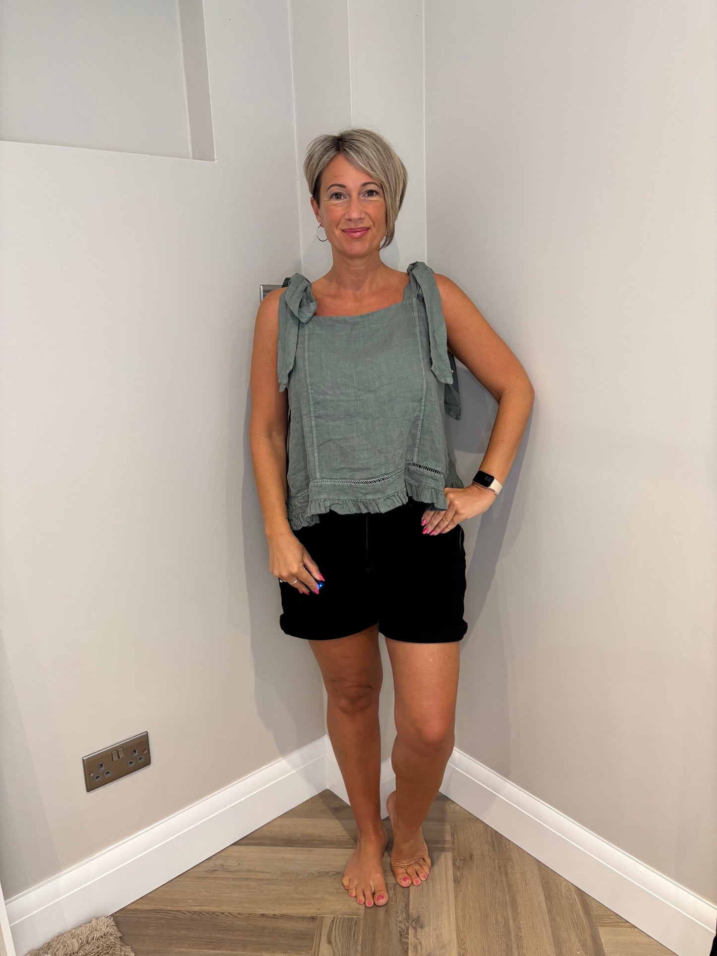 Linen Tie Shoulder Top in Khaki